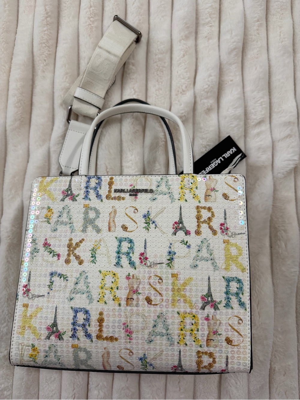 Karl Lagerfeld white leather White Sequin 'Paris' Floral Logo Tote